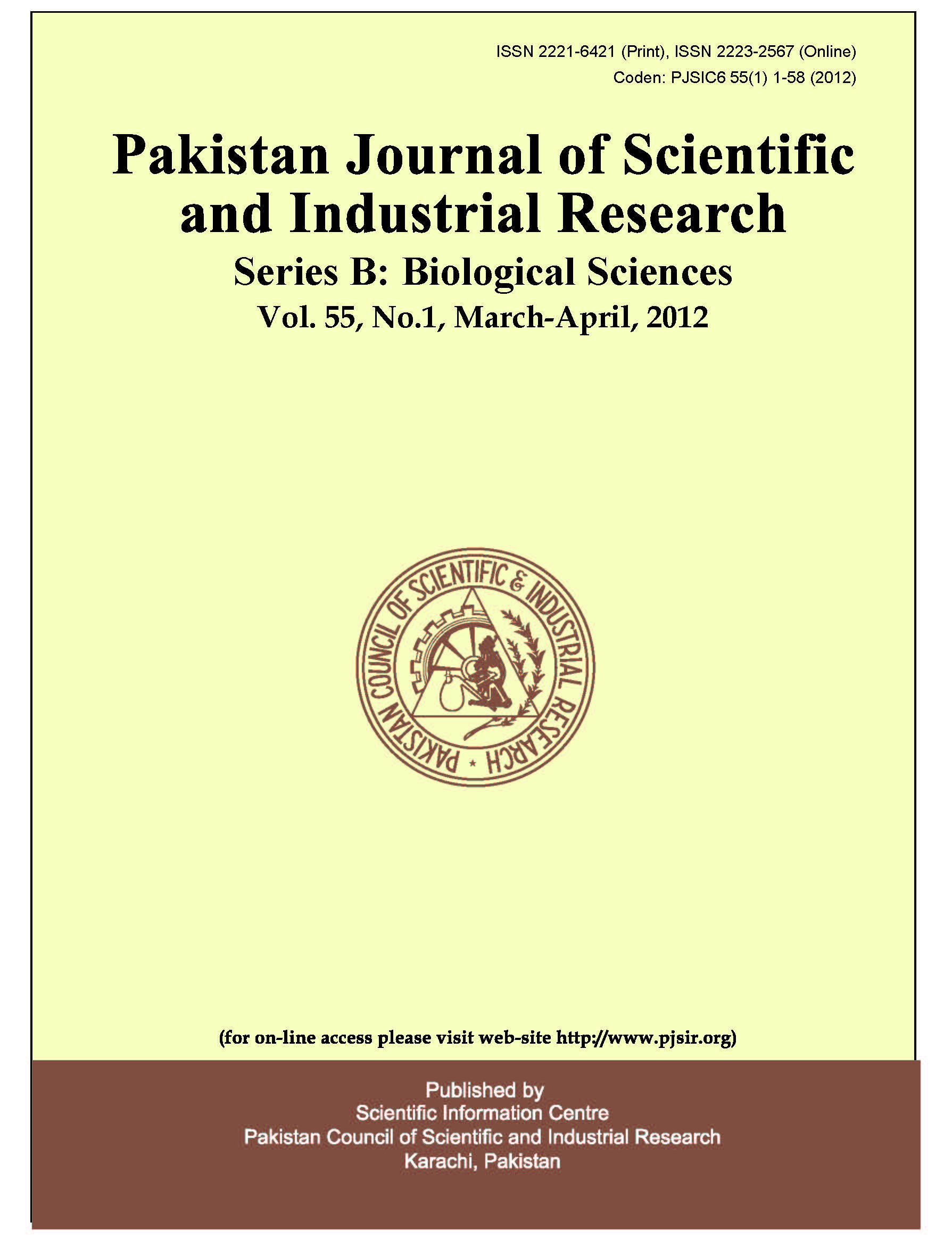 					View Vol. 55 No. 1 (2012): Pakistan Journal of Scientific and Industrial Research  Series B: Biological Sciences
				