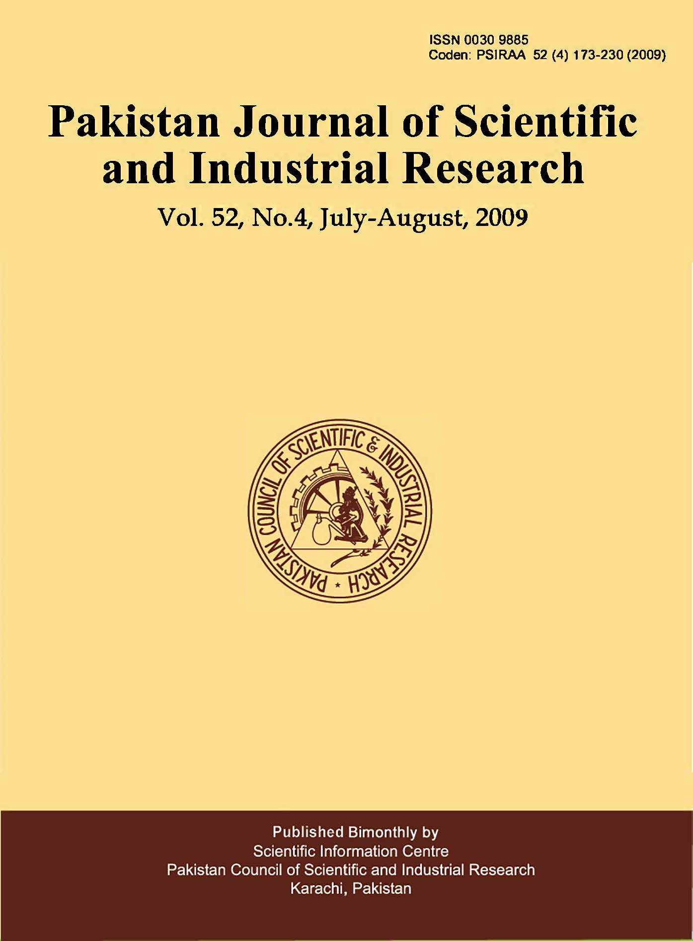 					View Vol. 52 No. 4 (2009): Pakistan Journal of Scientific and Industrial Research
				