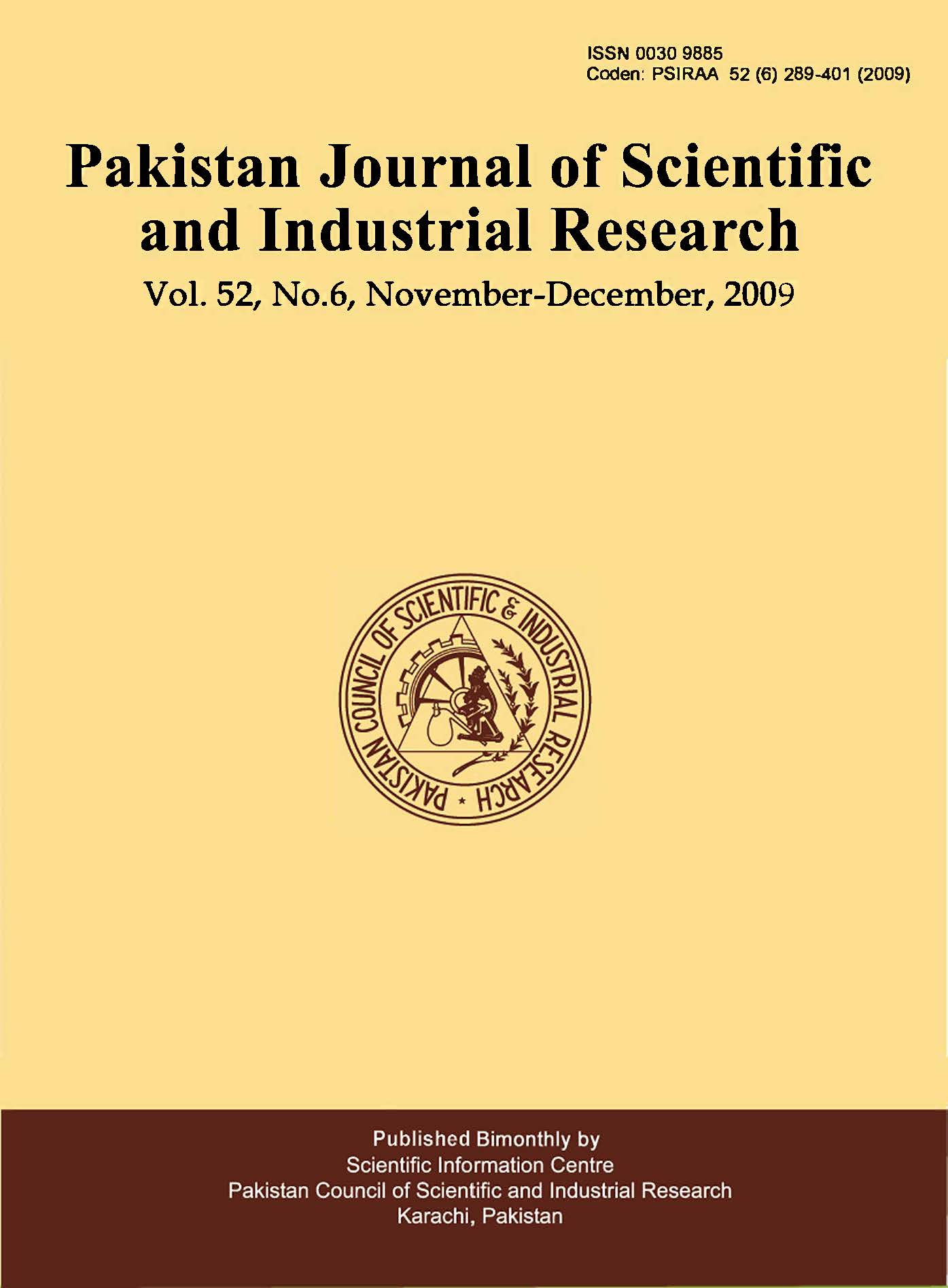 					View Vol. 52 No. 6 (2009): Pakistan Journal of Scientific and Industrial Research
				