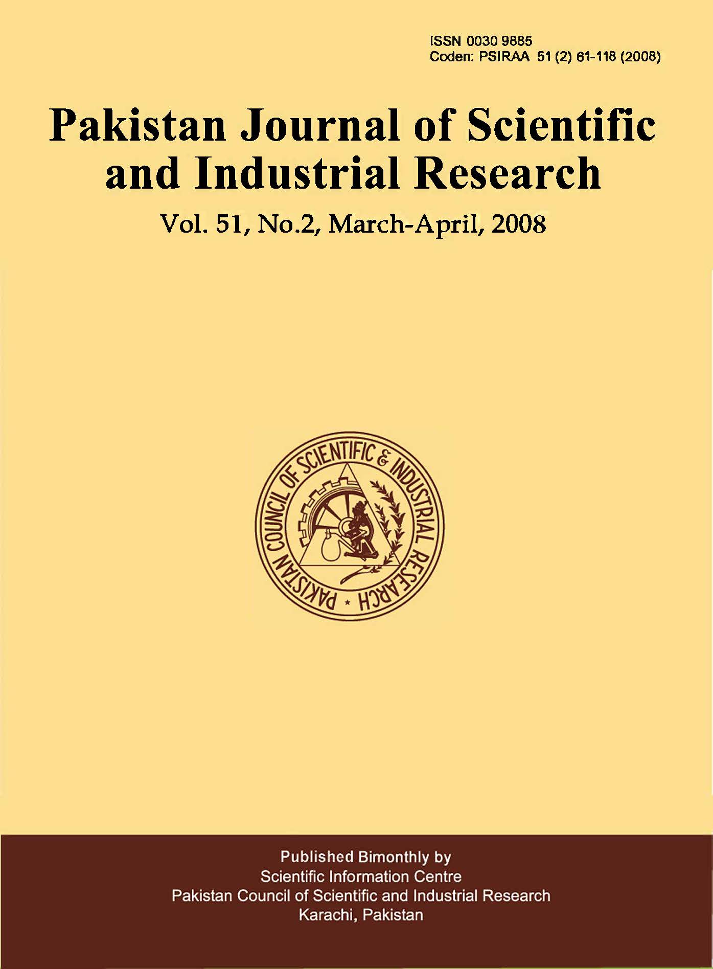 					View Vol. 51 No. 2 (2008): Pakistan Journal of Scientific and Industrial Research
				
