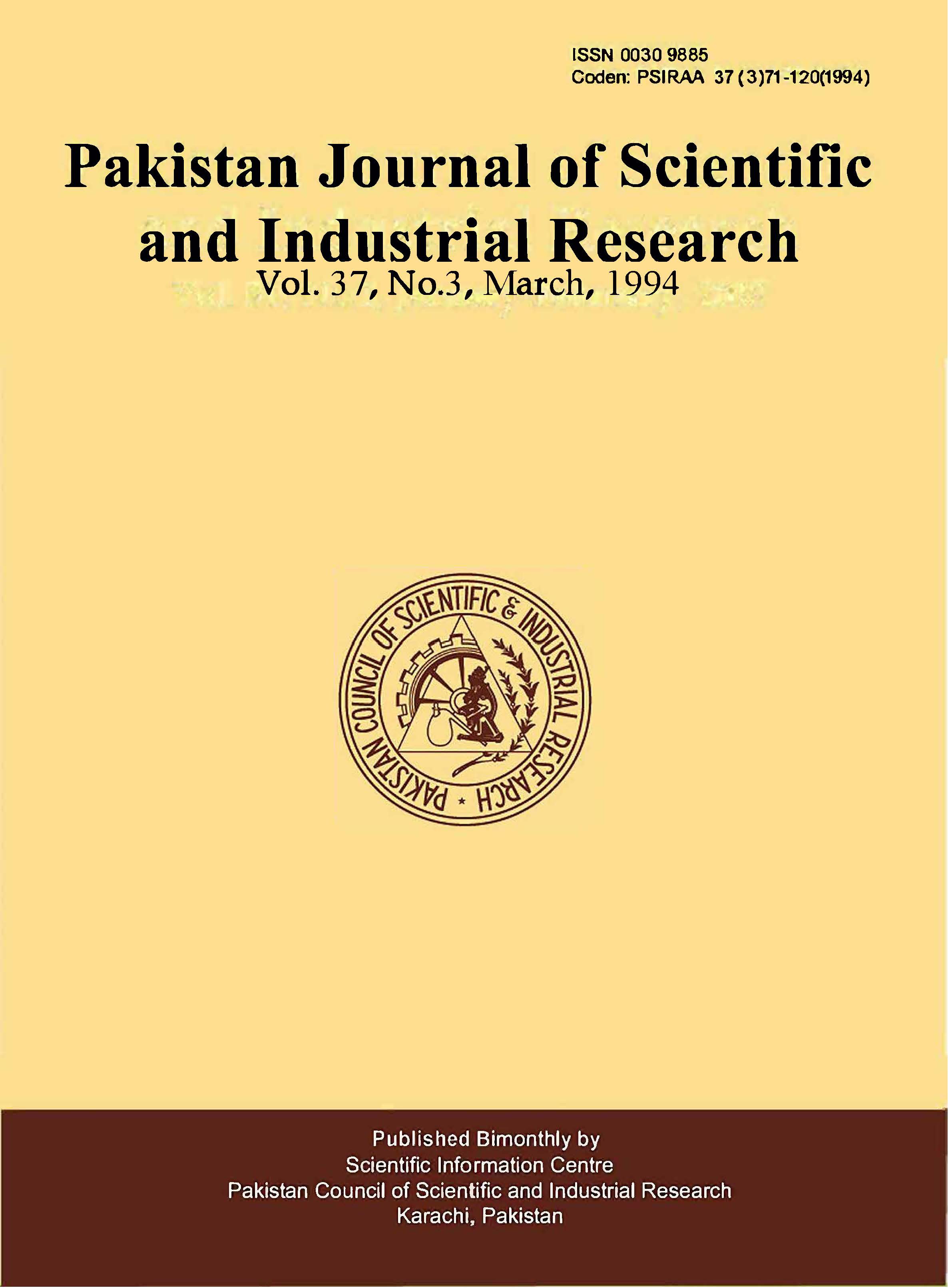 					View Vol. 37 No. 3 (1994): Pakistan Journal of Scientific and Industrial Research
				