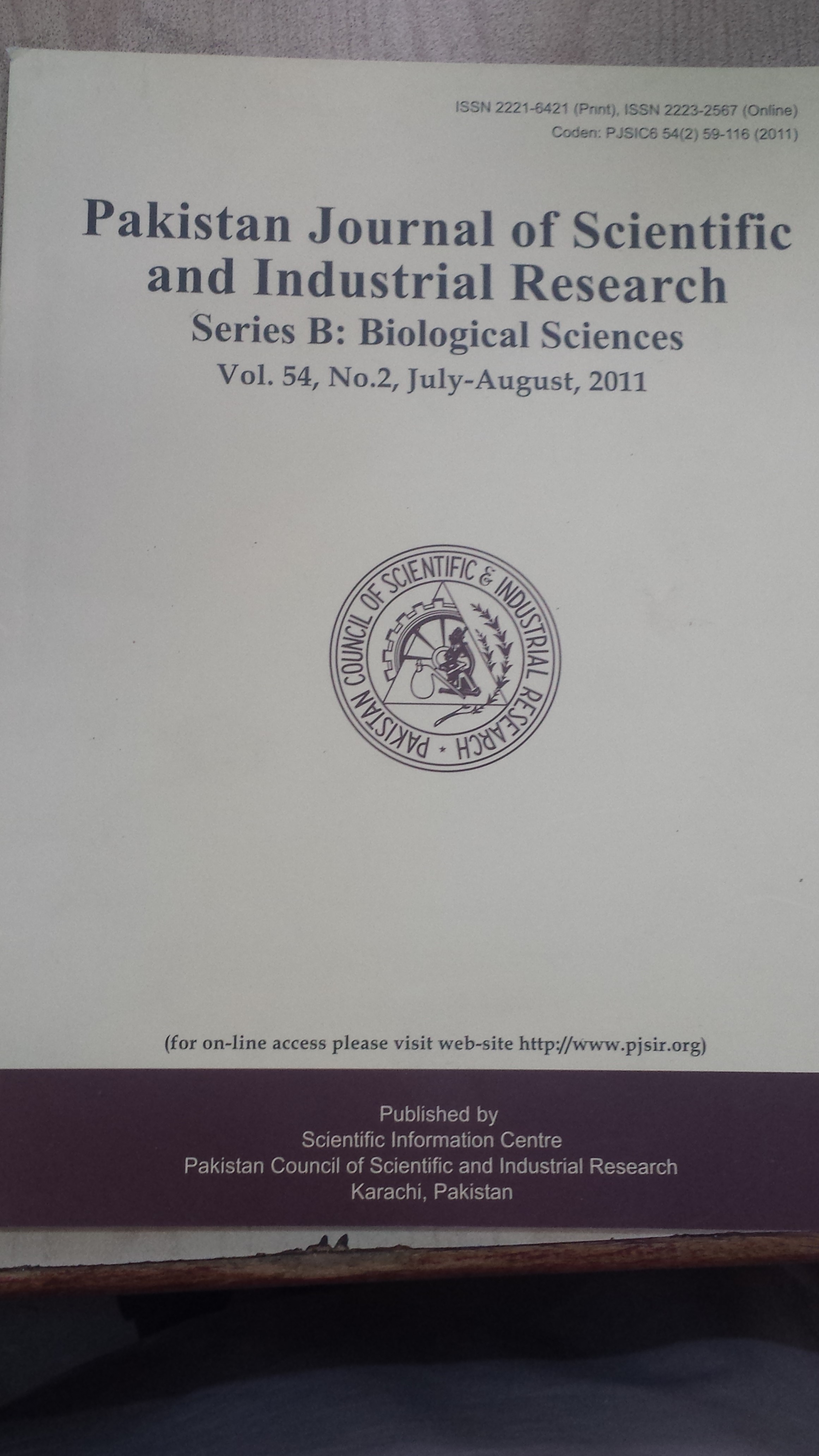 					View Vol. 54 No. 2 (2011): Pakistan Journal of Scientific and Industrial Research Series B: Biological Sciences
				