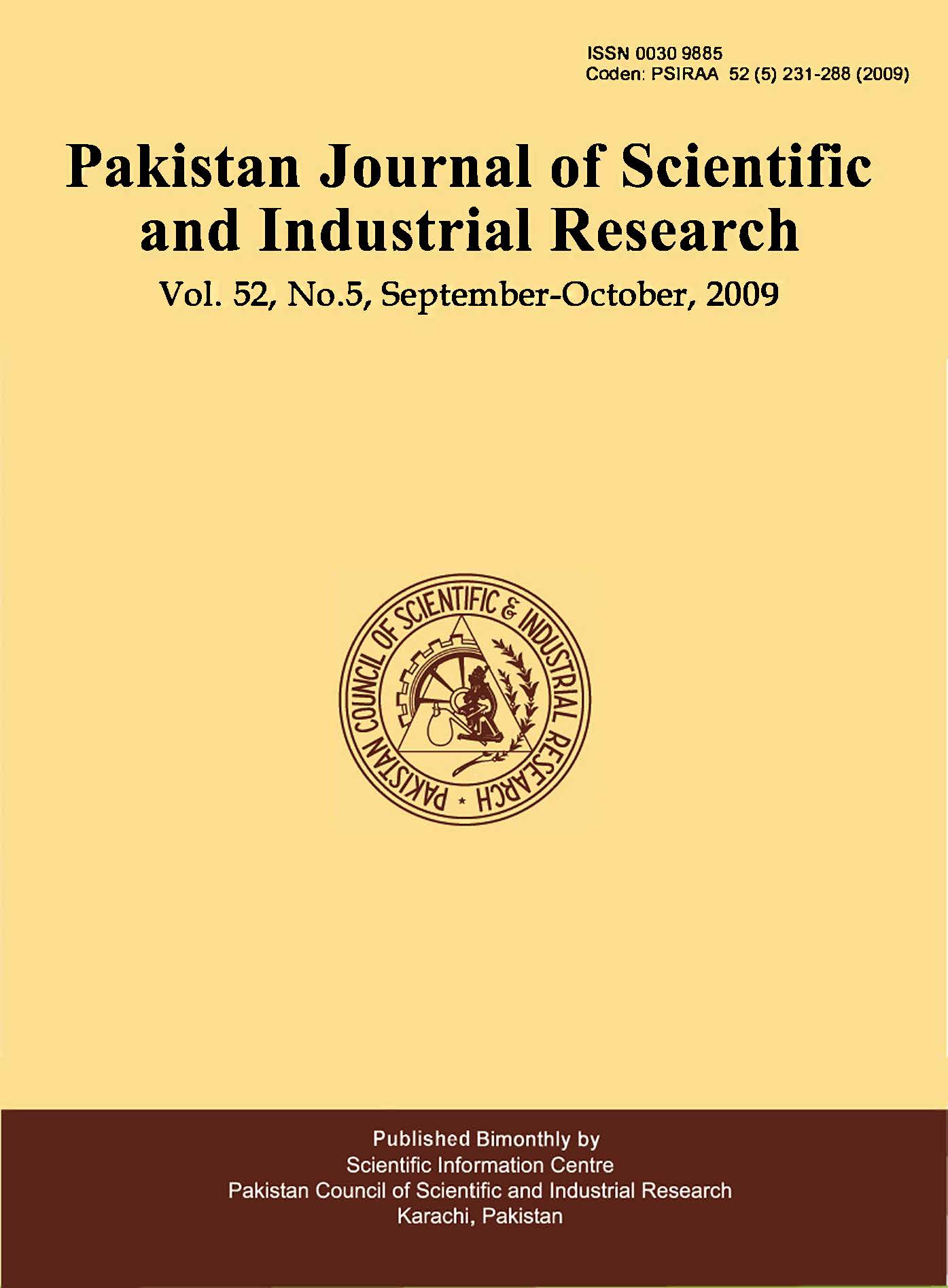 					View Vol. 52 No. 5 (2009): Pakistan Journal of Scientific and Industrial Research
				