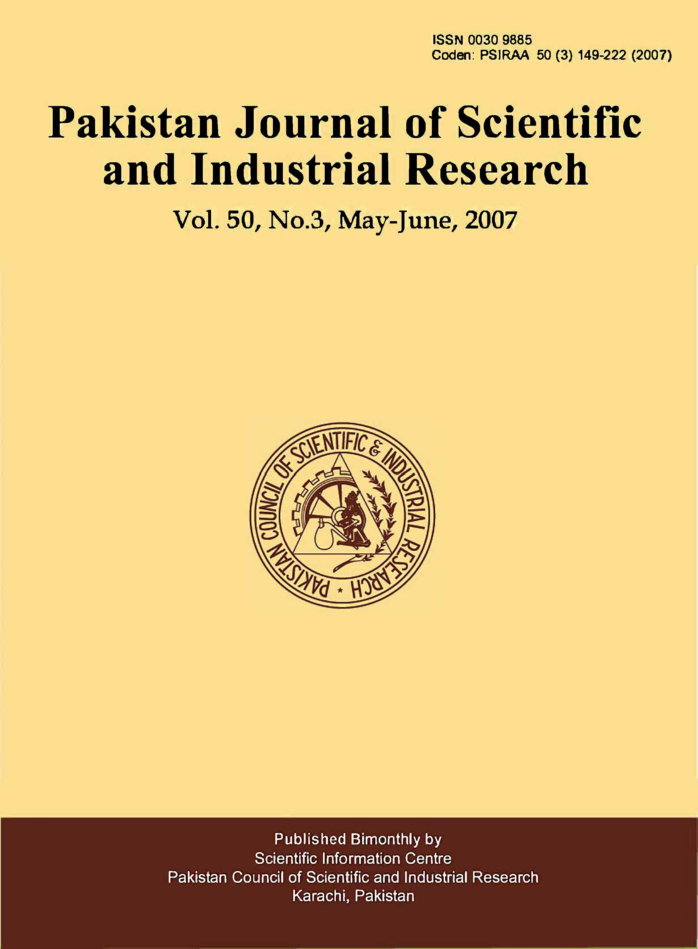 					View Vol. 50 No. 3 (2007): Pakistan Journal of Scientific and Industrial Research
				