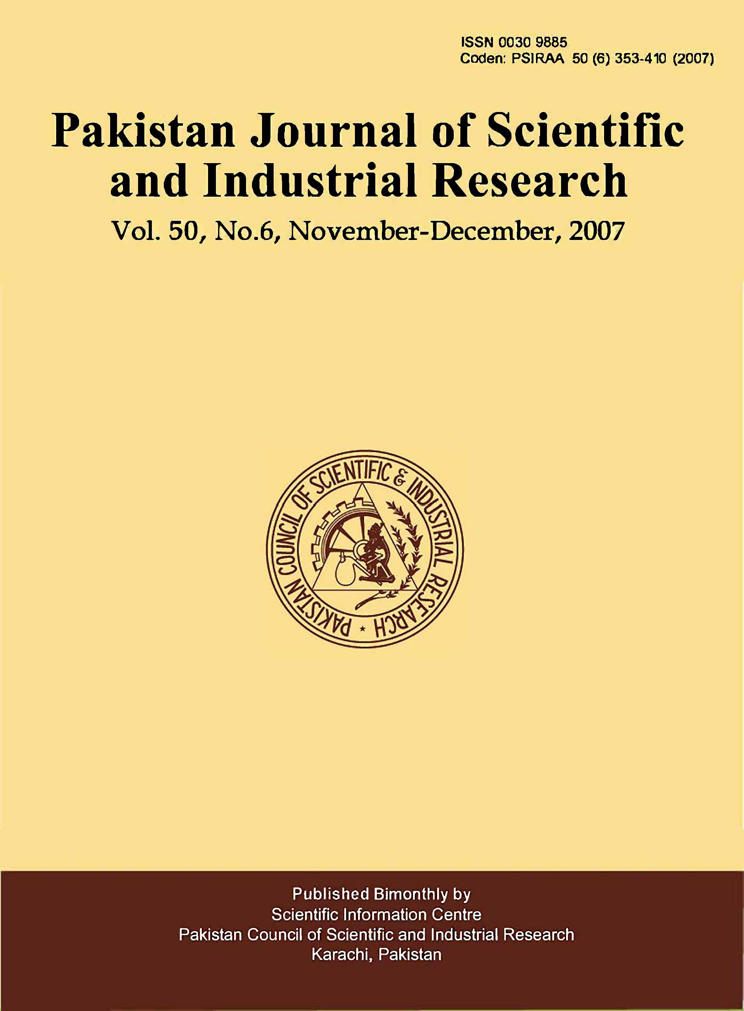					View Vol. 50 No. 6 (2007): Pakistan Journal of Scientific and Industrial Research
				
