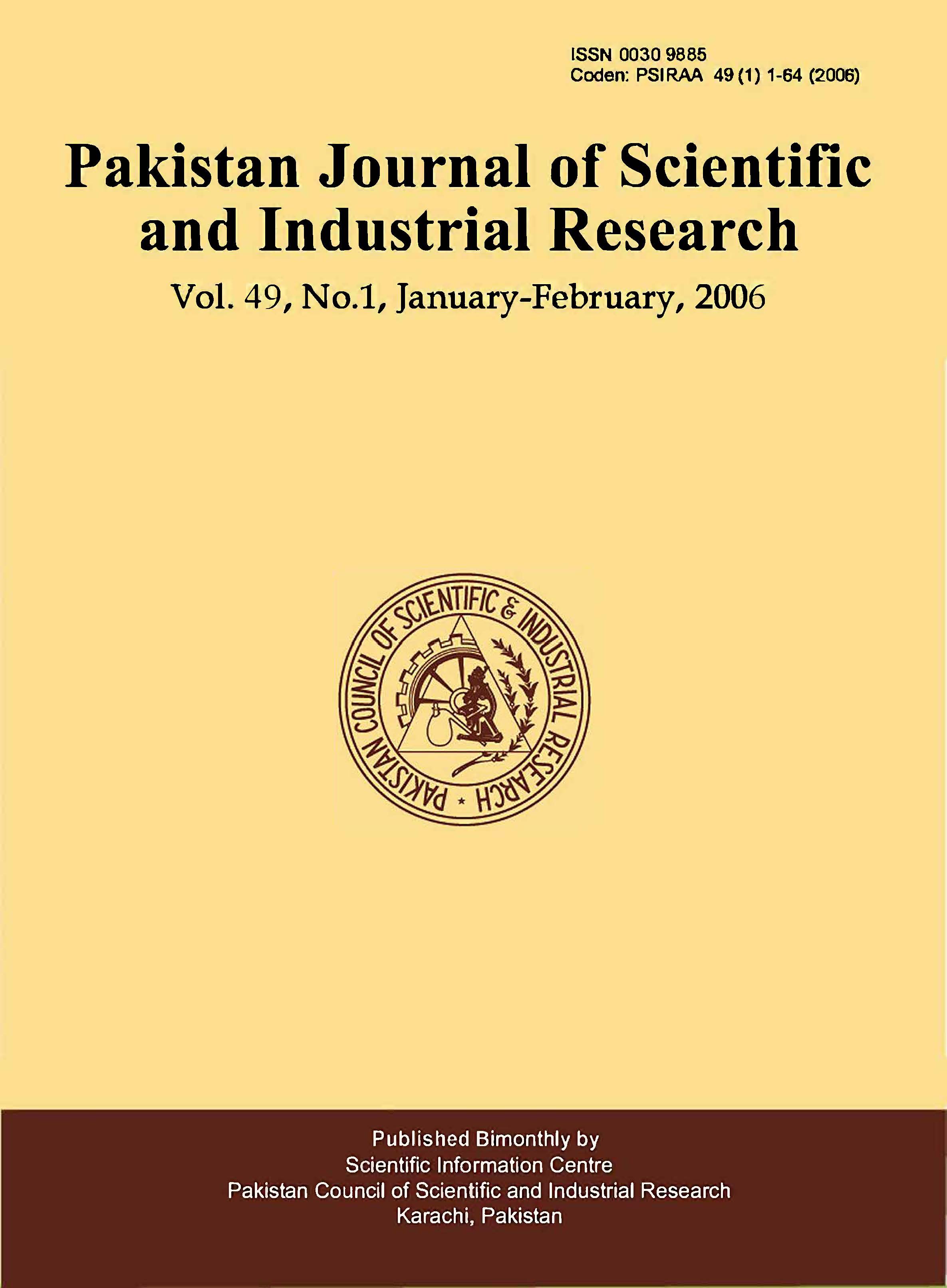 					View Vol. 49 No. 1 (2006): Pakistan Journal of Scientific and Industrial Research
				