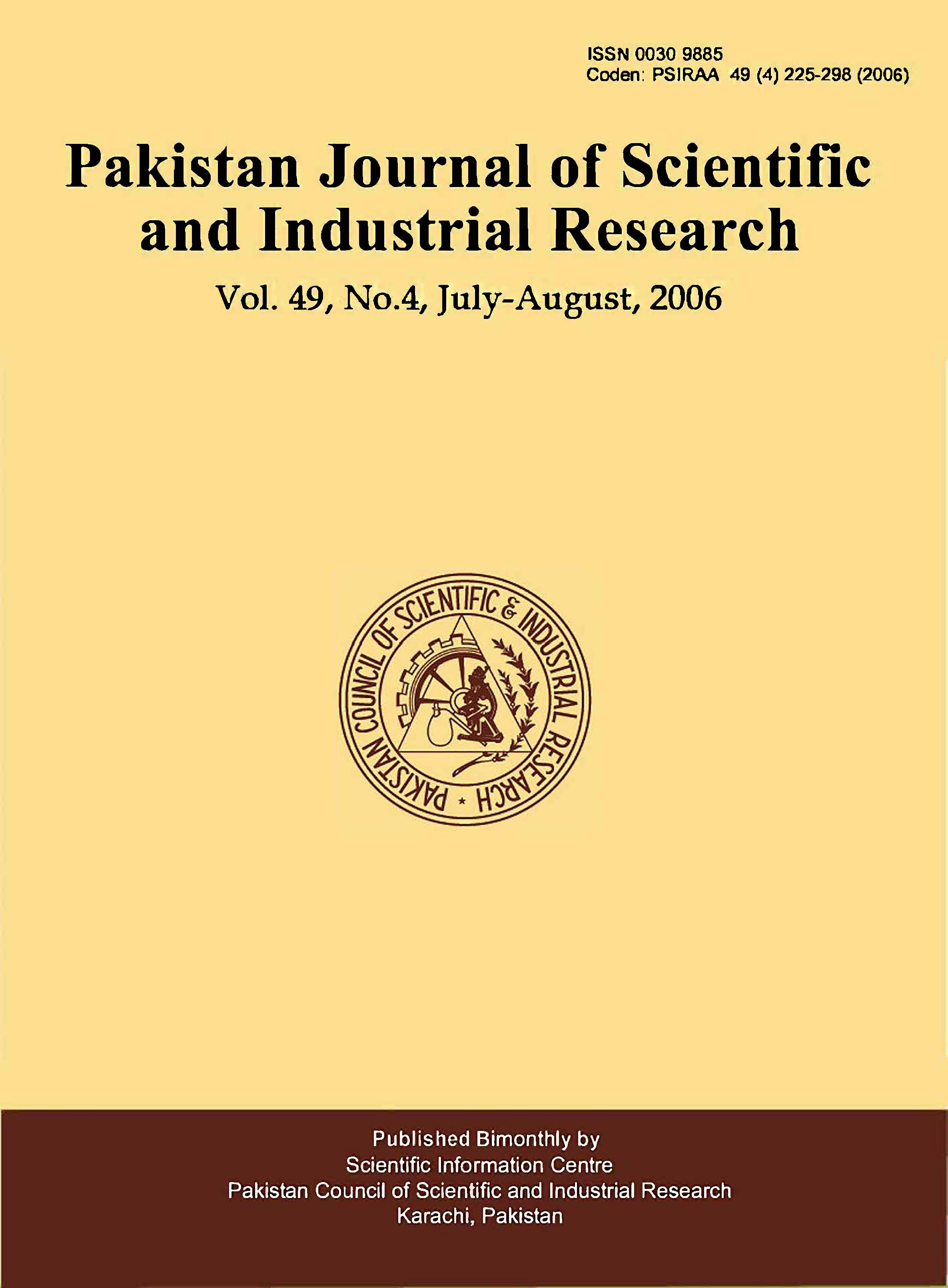 					View Vol. 49 No. 4 (2006): Pakistan Journal of Scientific and Industrial Research
				