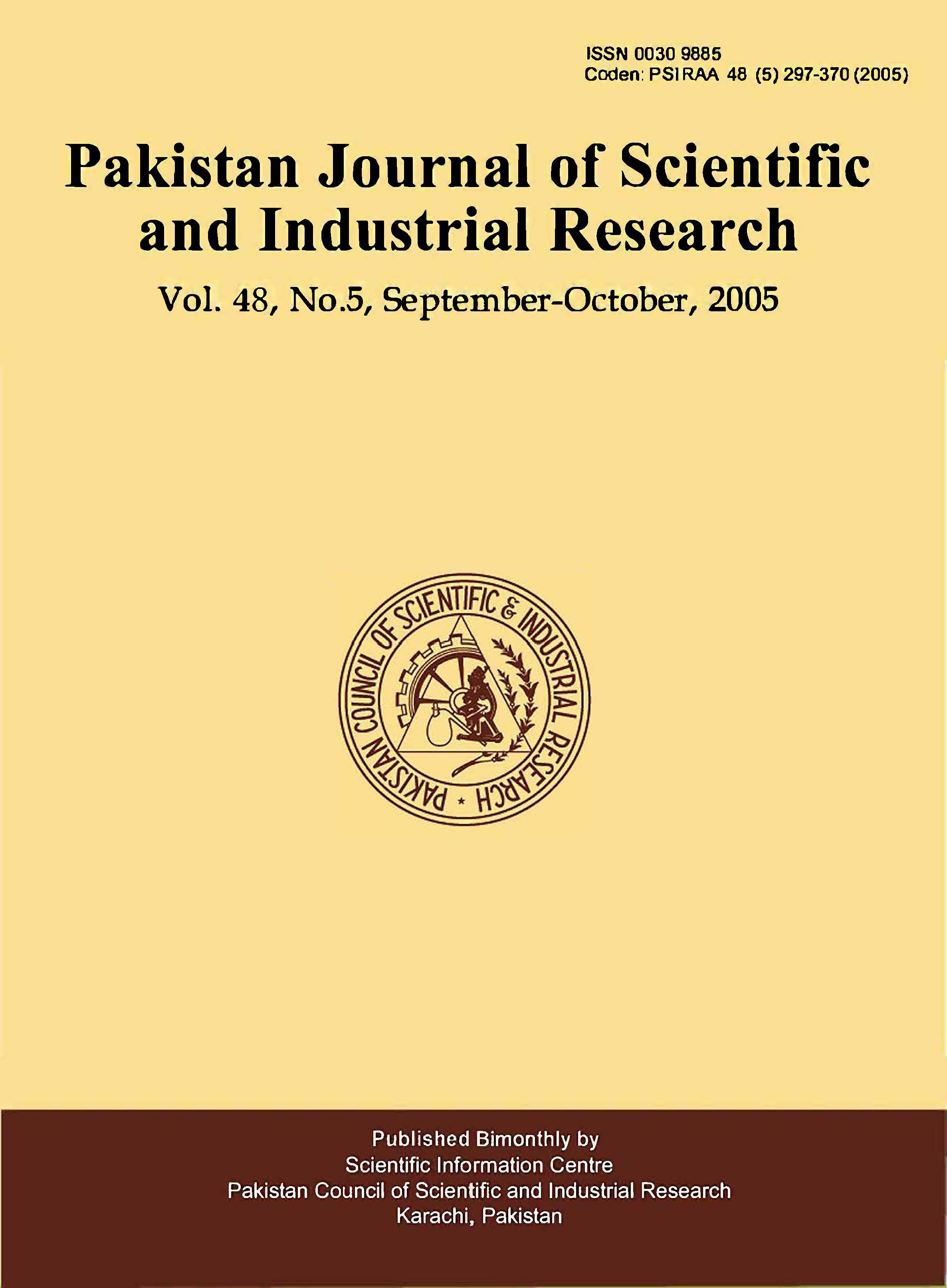 					View Vol. 48 No. 5 (2005): Pakistan Journal of Scientific and Industrial Research
				