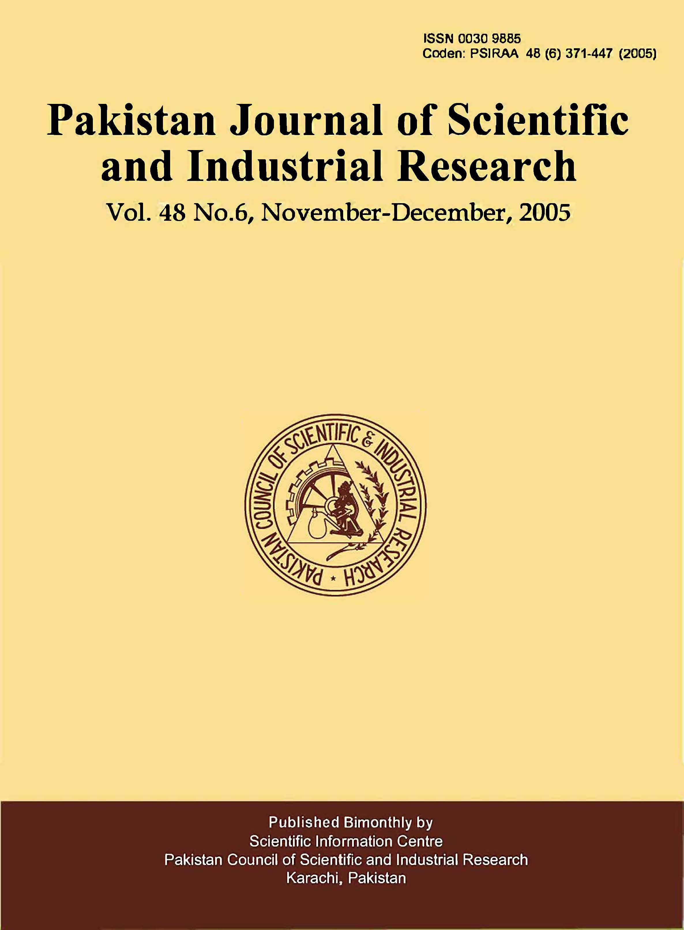 					View Vol. 48 No. 6 (2005): Pakistan Journal of Scientific and Industrial Research
				