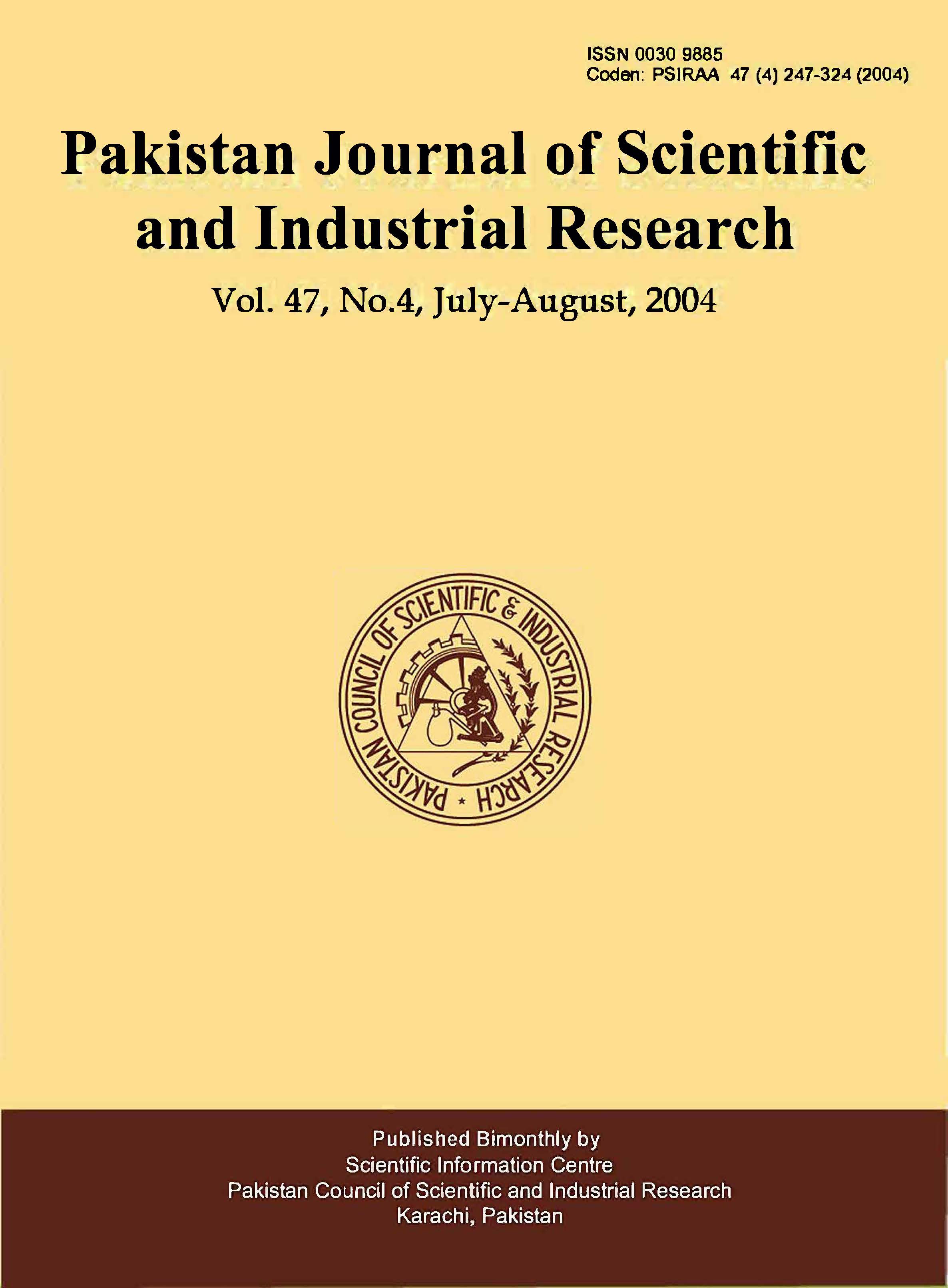 					View Vol. 47 No. 4 (2004): Pakistan Journal of Scientific and Industrial Research
				